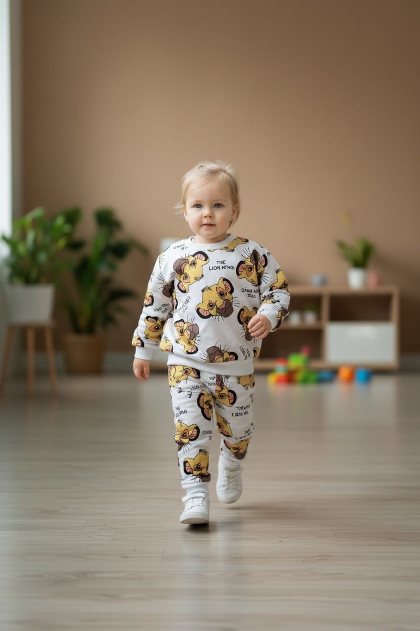 Beyaz Renk Bebek Desenli Polyester Eşofman Takımı – Baskılı Sweatshirt ve Alt Takım