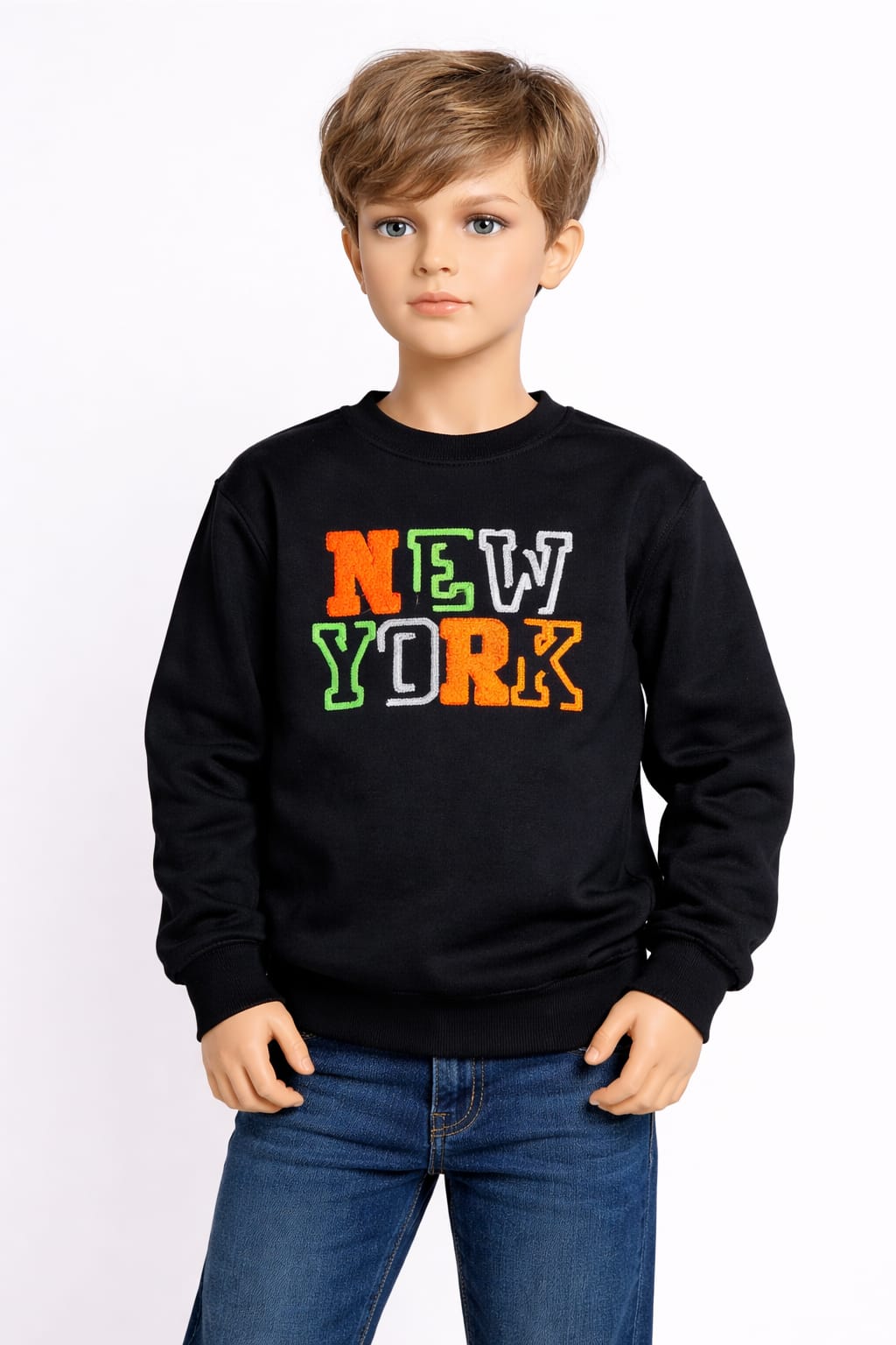 efabric Lacivert New York Baskılı Çocuk Sweatshirt – Uzun Kollu Rahat Kesim Çocuk Sweat