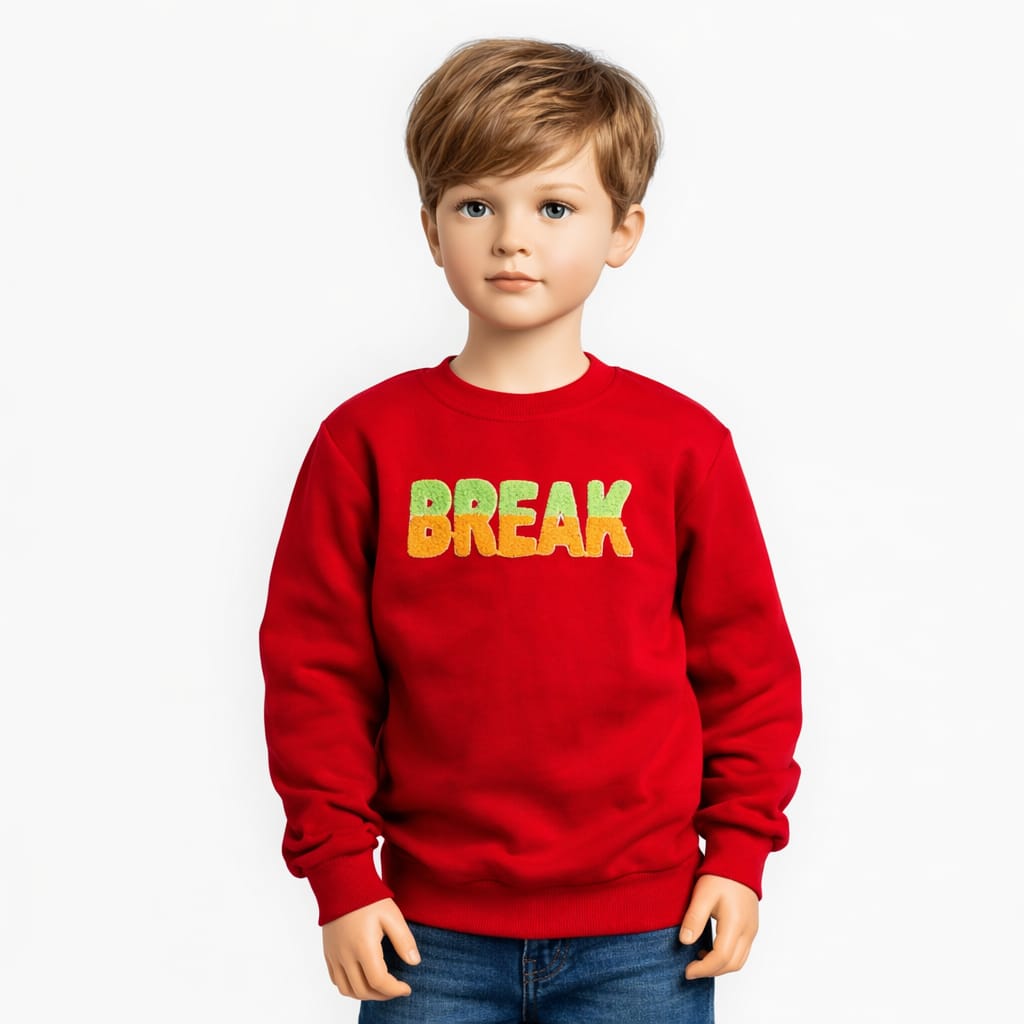 efabric Kırmızı Yazı Detaylı Çocuk Sweatshirt – Pamuklu Rahat Kesim Çocuk Sweat