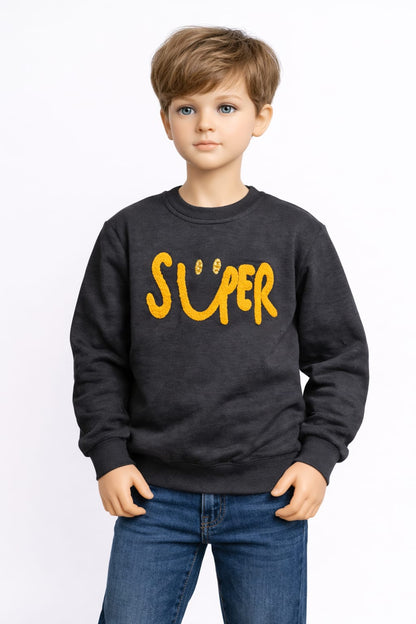 Lacivert Süper Yazı Baskılı Çocuk Sweatshirt – Uzun Kollu Pamuklu Çocuk Sweat