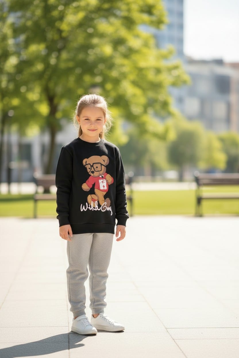 Siyah Renk Kız Çocuk Bear Baskılı Sweatshirt Eşofman Takımı – Rahat ve Şık Günlük Çocuk Takımı
