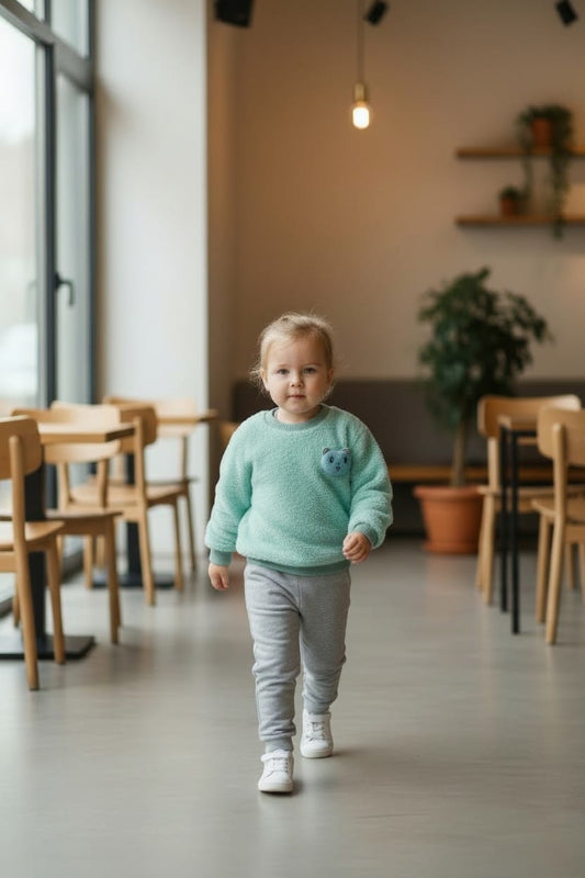  Bebek Peluş Sweatshirt Eşofman Takımı – Yumuşak Dokulu Unisex Günlük Takım