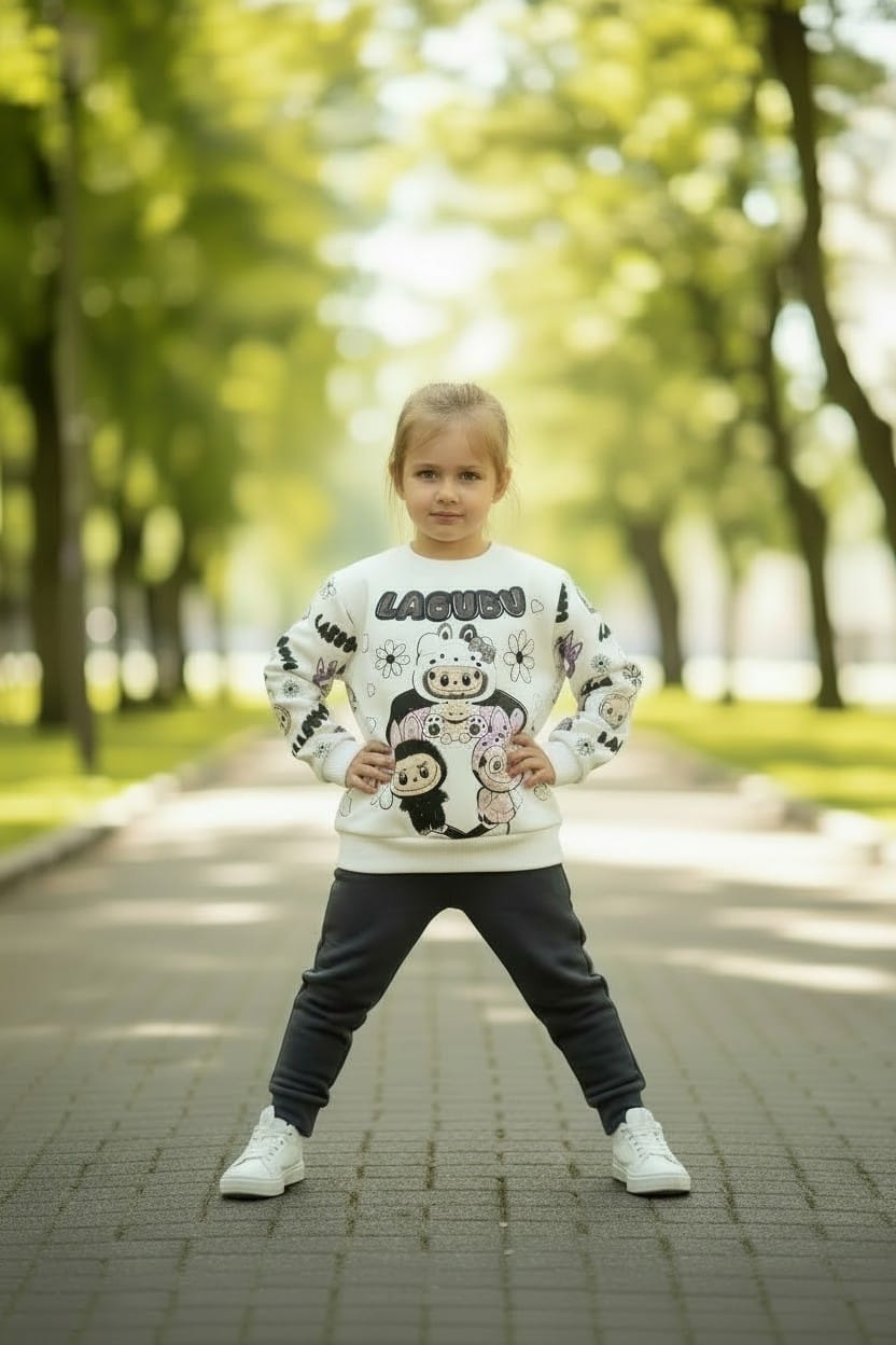 Kız Çocuk Baskılı Eşofman Takımı – Labubu Desenli Sweatshirt ve Alt Takım