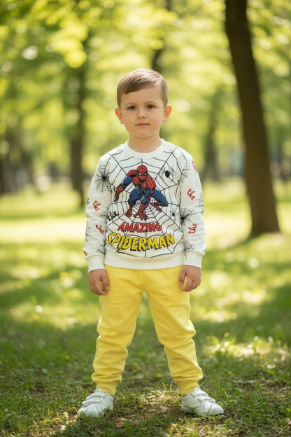 Erkek Çocuk Spiderman Baskılı Eşofman Takımı –Sarı/Beyaz Renk  Sweatshirt ve Alt Takım Günlük Spor Set