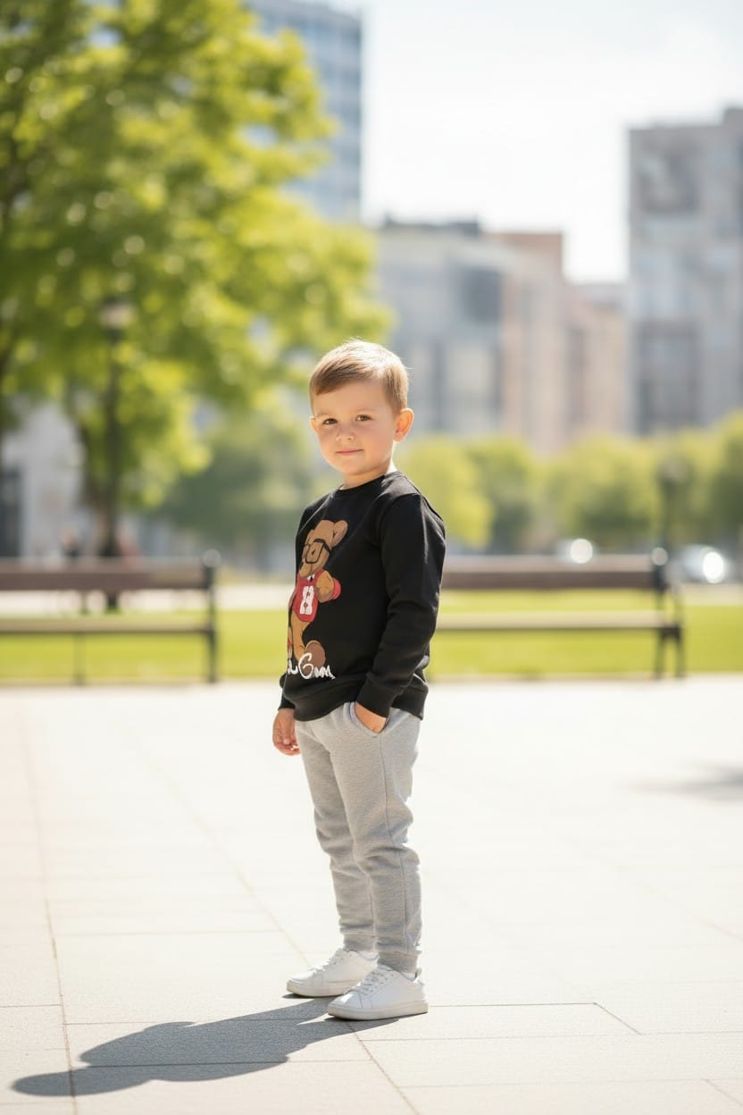 Siyah Renk Erkek Çocuk Bear Baskılı Sweatshirt Eşofman Takımı – Rahat ve Şık Günlük Çocuk Takımı