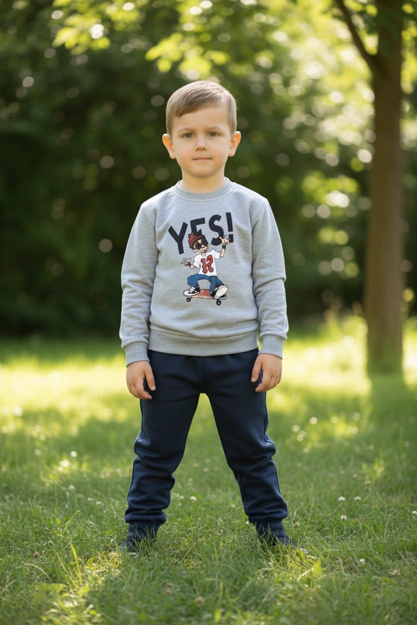 Erkek Çocuk Baskılı Eşofman Takımı – Gri Sweatshirt ve Lacivert Alt Spor Takım