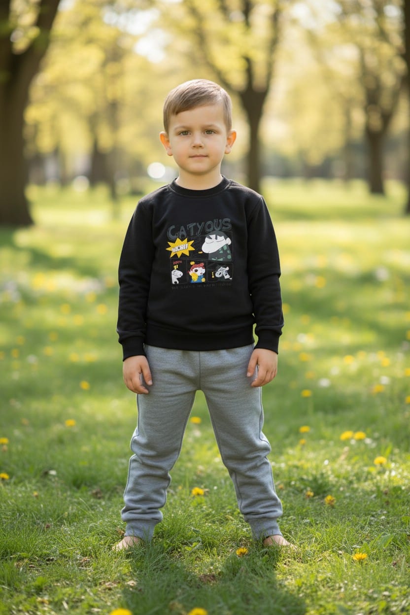 Erkek Çocuk Siyah Baskılı Eşofman Takımı – Desenli Sweatshirt ve Gri Alt Spor Takım