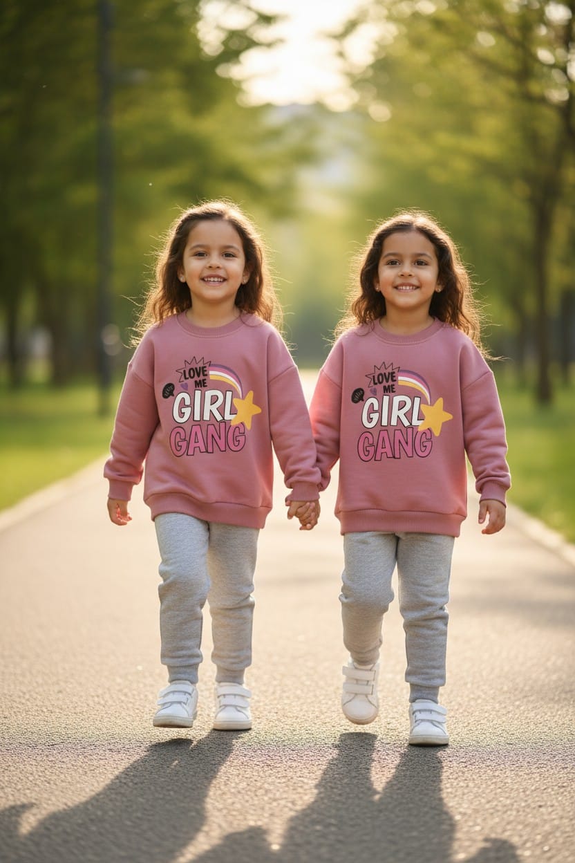 Kız Çocuk Mor Baskılı Sweatshirt Eşofman Takımı – Girl Gang Desenli Spor Takım
