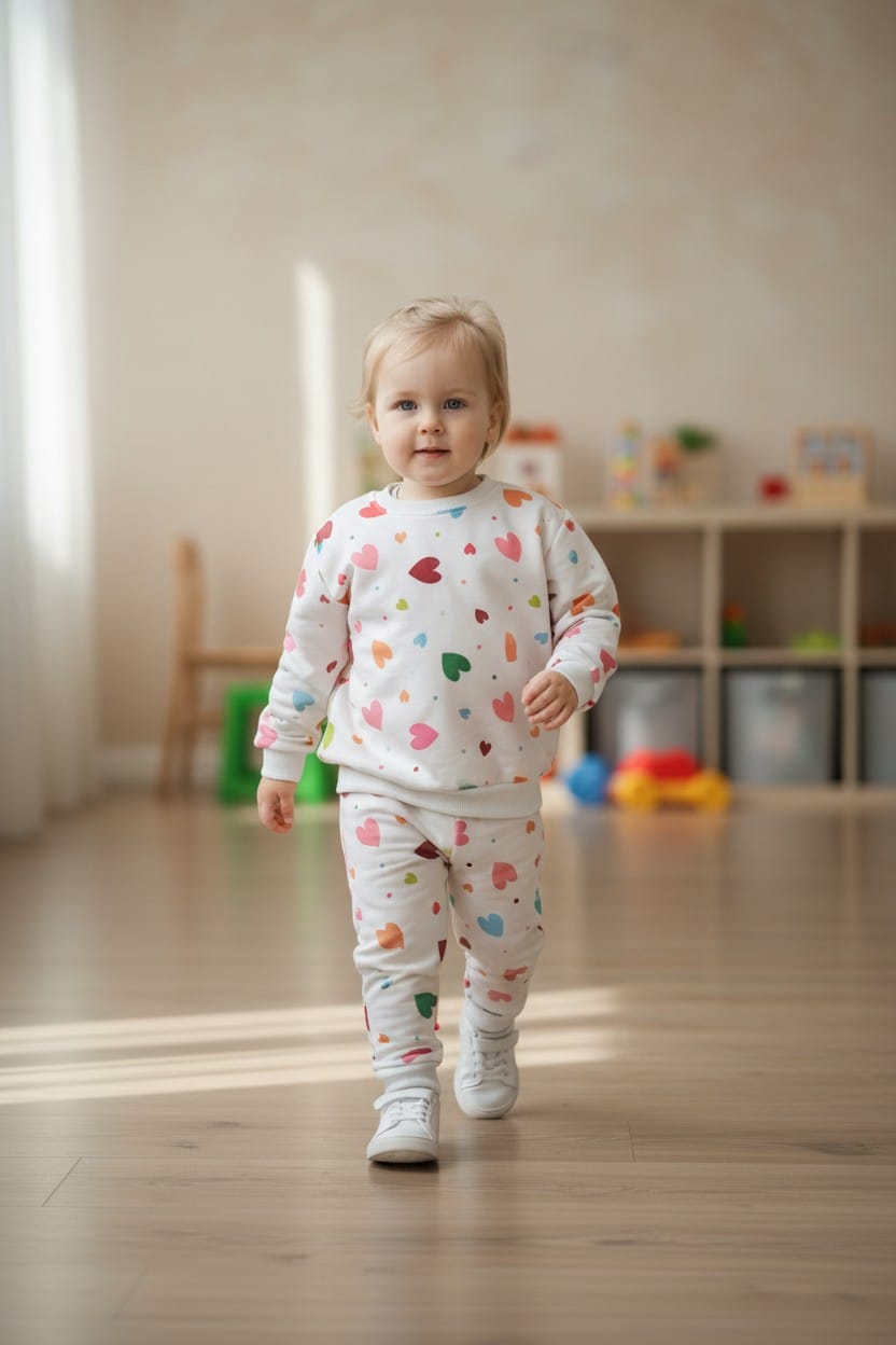 Beyaz Renk Bebek Kalpli Desenli Polyester Eşofman Takımı – Kız Bebek Sweatshirt ve Alt Takım