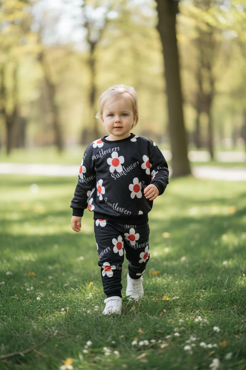 Kız Bebek Siyah Çiçek Desenli Polyester Eşofman Takımı